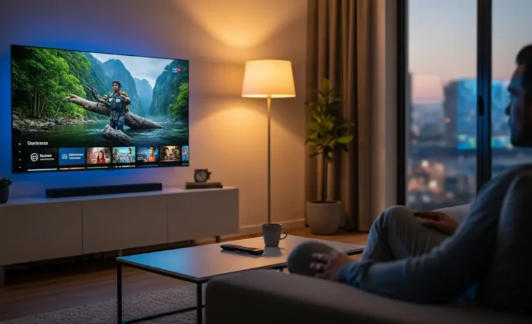una persona che guarda una smart tv in salotto